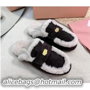 Best Product Miu Miu Suede and Shearling Wool Flat Mules with Coin Dark Brown 1114031