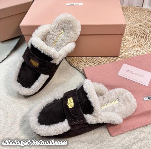 Best Product Miu Miu Suede and Shearling Wool Flat Mules with Coin Dark Brown 1114031