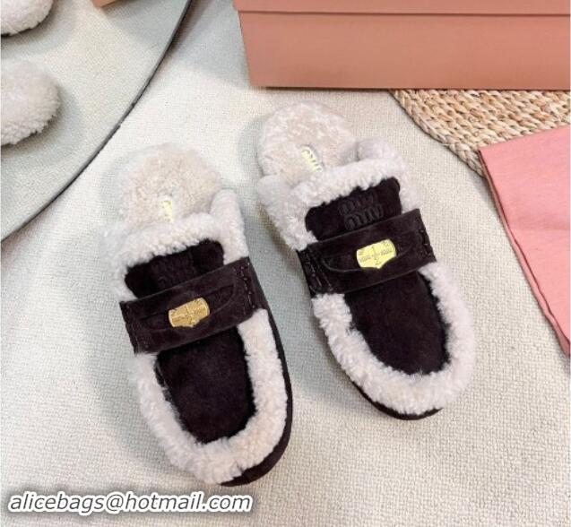 Best Product Miu Miu Suede and Shearling Wool Flat Mules with Coin Dark Brown 1114031