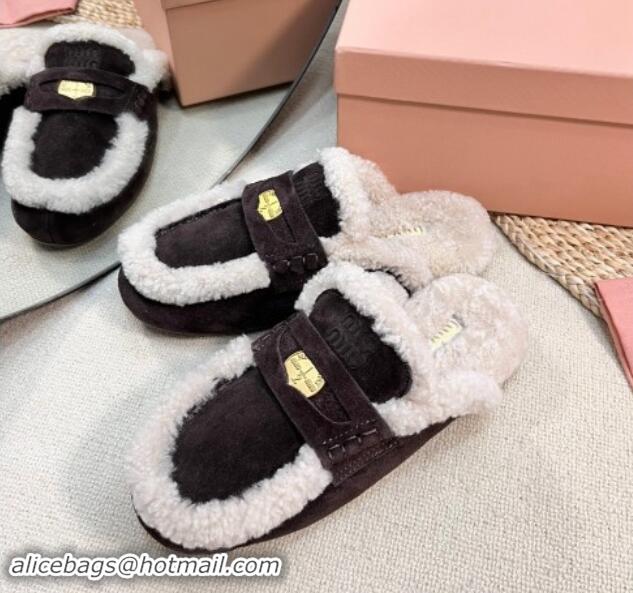 Best Product Miu Miu Suede and Shearling Wool Flat Mules with Coin Dark Brown 1114031