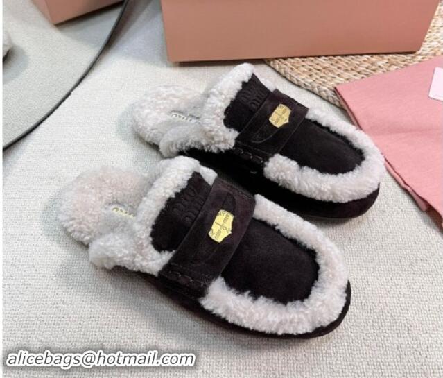 Best Product Miu Miu Suede and Shearling Wool Flat Mules with Coin Dark Brown 1114031