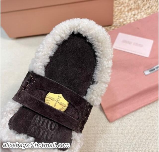 Best Product Miu Miu Suede and Shearling Wool Flat Mules with Coin Dark Brown 1114031