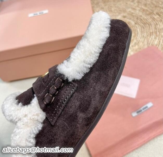 Best Product Miu Miu Suede and Shearling Wool Flat Mules with Coin Dark Brown 1114031