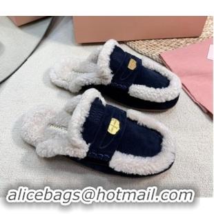 Durable Miu Miu Suede and Shearling Wool Flat Mules with Coin Dark Blue 1114032