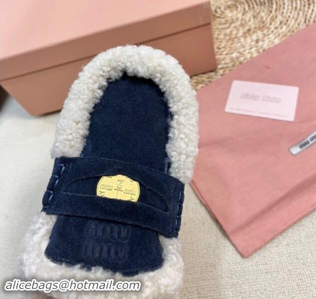 Durable Miu Miu Suede and Shearling Wool Flat Mules with Coin Dark Blue 1114032