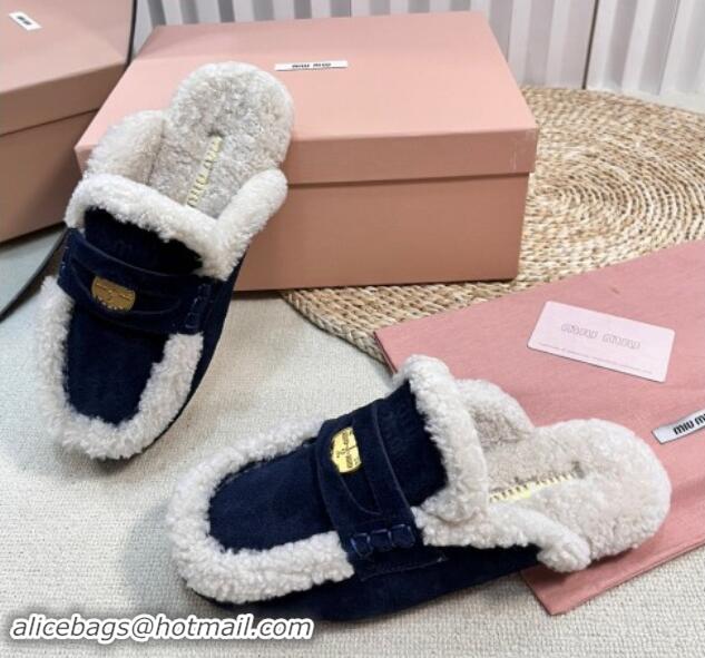 Durable Miu Miu Suede and Shearling Wool Flat Mules with Coin Dark Blue 1114032