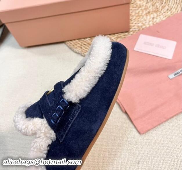 Durable Miu Miu Suede and Shearling Wool Flat Mules with Coin Dark Blue 1114032