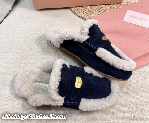 Durable Miu Miu Suede and Shearling Wool Flat Mules with Coin Dark Blue 1114032