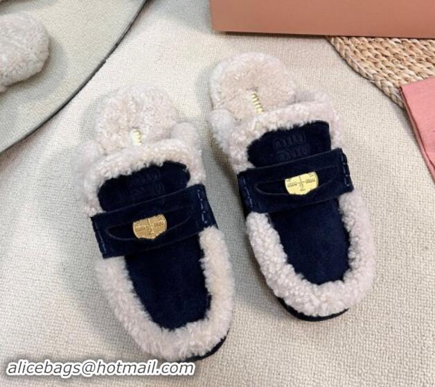 Durable Miu Miu Suede and Shearling Wool Flat Mules with Coin Dark Blue 1114032