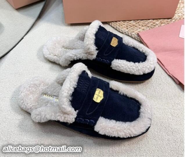 Durable Miu Miu Suede and Shearling Wool Flat Mules with Coin Dark Blue 1114032