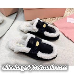 Top Grade Miu Miu Suede and Shearling Wool Flat Mules with Coin Black 1114033