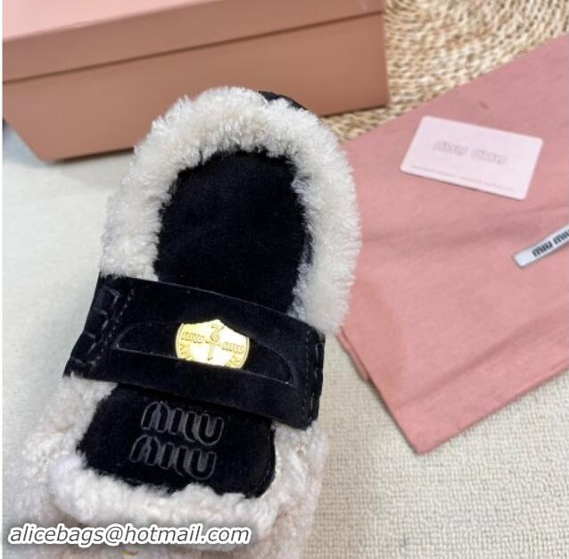 Top Grade Miu Miu Suede and Shearling Wool Flat Mules with Coin Black 1114033