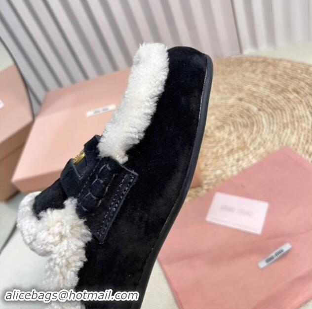 Top Grade Miu Miu Suede and Shearling Wool Flat Mules with Coin Black 1114033