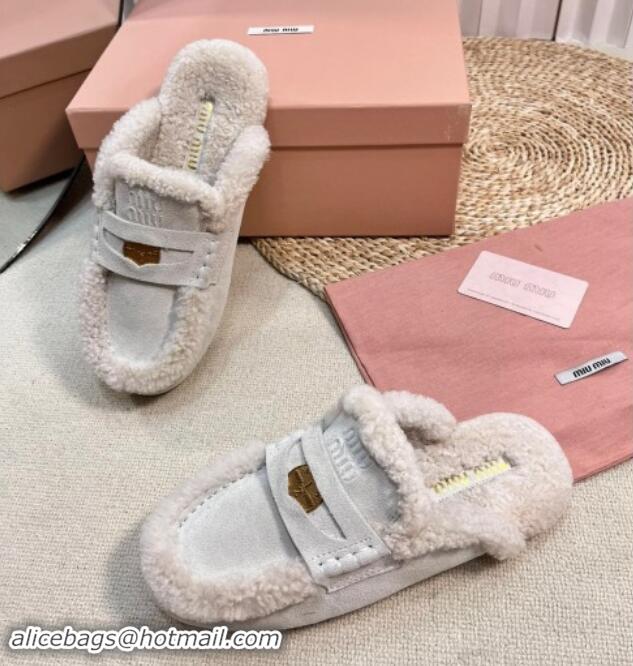 Pretty Style Miu Miu Suede and Shearling Wool Flat Mules with Coin White 1114034