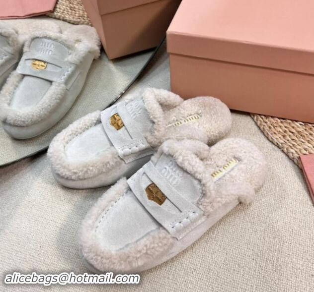 Pretty Style Miu Miu Suede and Shearling Wool Flat Mules with Coin White 1114034