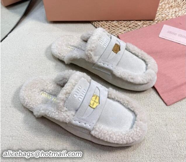 Pretty Style Miu Miu Suede and Shearling Wool Flat Mules with Coin White 1114034