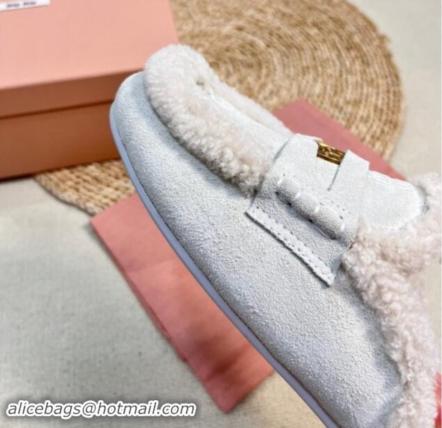 Pretty Style Miu Miu Suede and Shearling Wool Flat Mules with Coin White 1114034