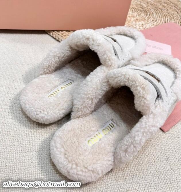 Pretty Style Miu Miu Suede and Shearling Wool Flat Mules with Coin White 1114034