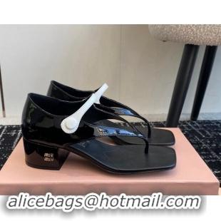 Unique Style Miu Miu Patent Leather Thong Sandals with White Strap Black 1114035