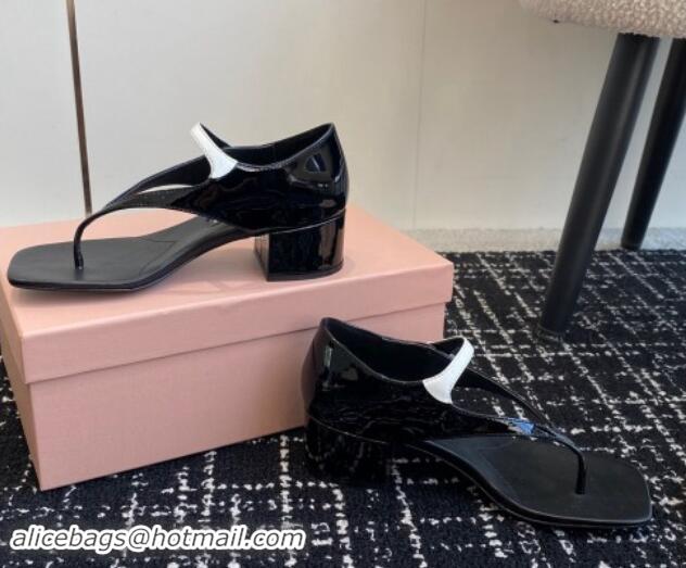 Unique Style Miu Miu Patent Leather Thong Sandals with White Strap Black 1114035