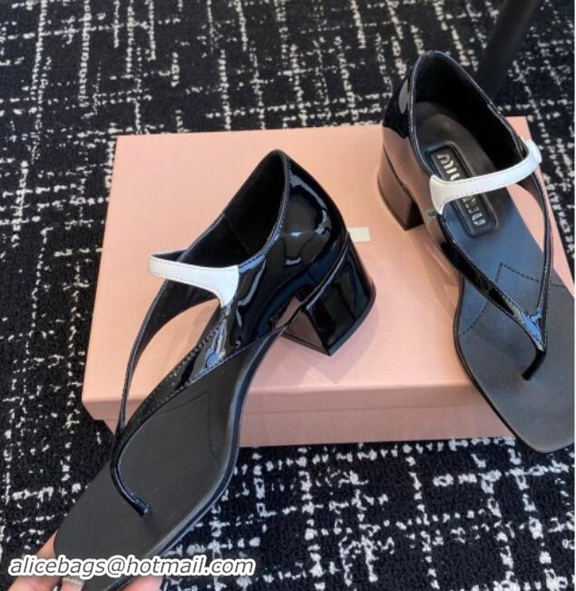 Unique Style Miu Miu Patent Leather Thong Sandals with White Strap Black 1114035