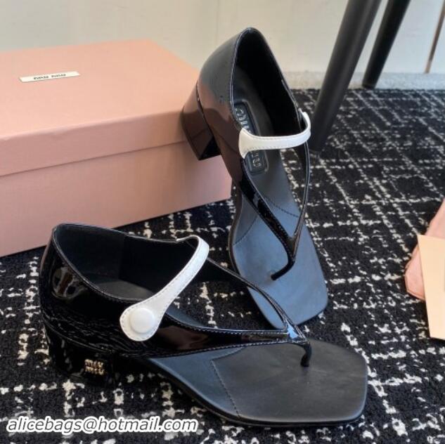 Unique Style Miu Miu Patent Leather Thong Sandals with White Strap Black 1114035