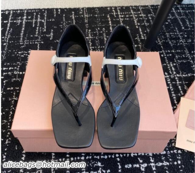 Unique Style Miu Miu Patent Leather Thong Sandals with White Strap Black 1114035