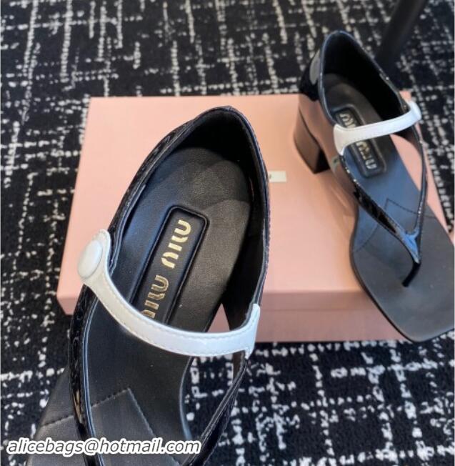 Unique Style Miu Miu Patent Leather Thong Sandals with White Strap Black 1114035