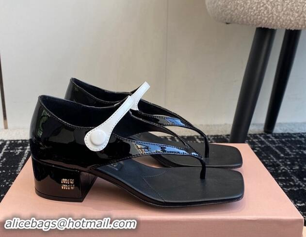 Unique Style Miu Miu Patent Leather Thong Sandals with White Strap Black 1114035