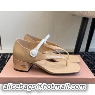 Luxurious Miu Miu Patent Leather Thong Sandals with White Strap Beige 1114036