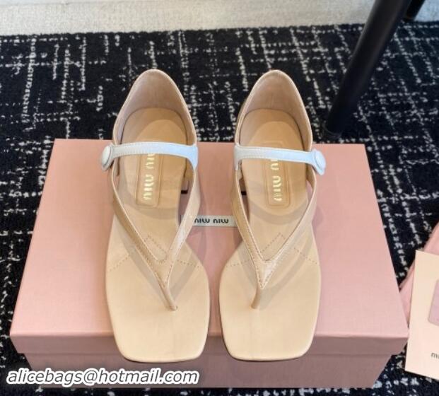 Luxurious Miu Miu Patent Leather Thong Sandals with White Strap Beige 1114036