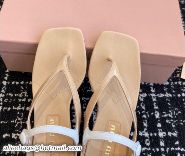 Luxurious Miu Miu Patent Leather Thong Sandals with White Strap Beige 1114036