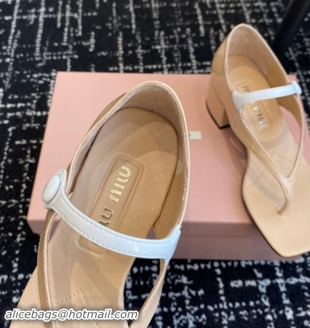 Luxurious Miu Miu Patent Leather Thong Sandals with White Strap Beige 1114036