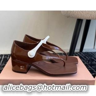 Most Popular Miu Miu Patent Leather Thong Sandals with White Strap Dark Brown 1114037