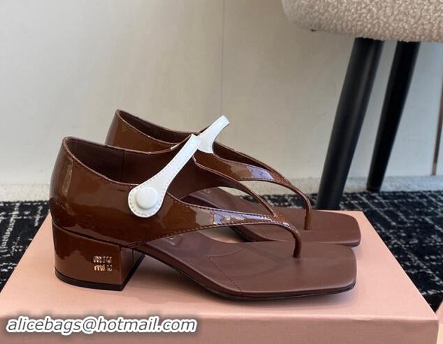 Most Popular Miu Miu Patent Leather Thong Sandals with White Strap Dark Brown 1114037