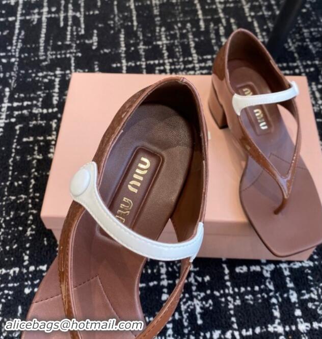 Most Popular Miu Miu Patent Leather Thong Sandals with White Strap Dark Brown 1114037