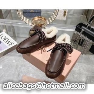 Luxury Discount Miu Miu Leather Loafers with Lace and Wool Fur Dark Brown 1114039