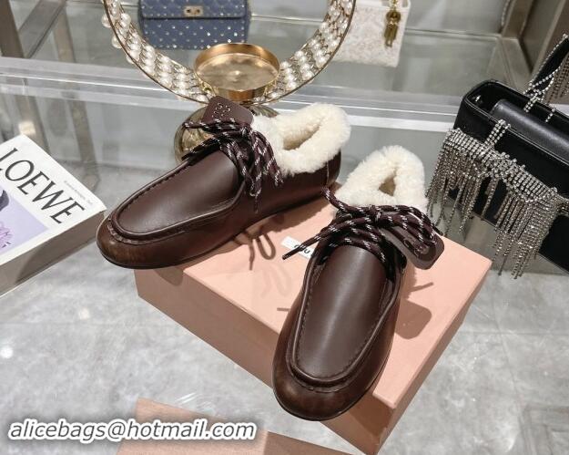 Luxury Discount Miu Miu Leather Loafers with Lace and Wool Fur Dark Brown 1114039