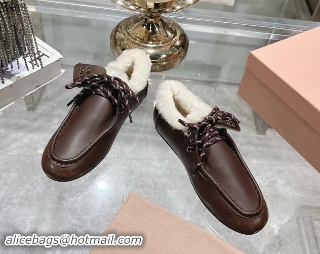 Luxury Discount Miu Miu Leather Loafers with Lace and Wool Fur Dark Brown 1114039