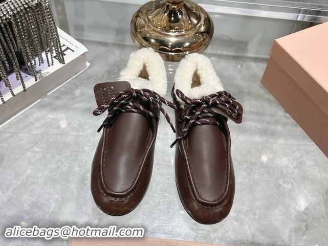 Luxury Discount Miu Miu Leather Loafers with Lace and Wool Fur Dark Brown 1114039