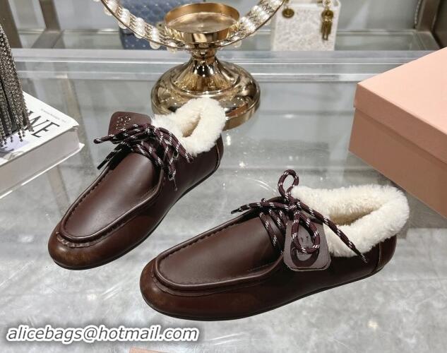 Luxury Discount Miu Miu Leather Loafers with Lace and Wool Fur Dark Brown 1114039