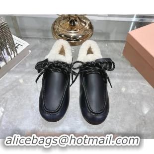 Luxury Miu Miu Leather Loafers with Lace and Wool Fur Black 1114040