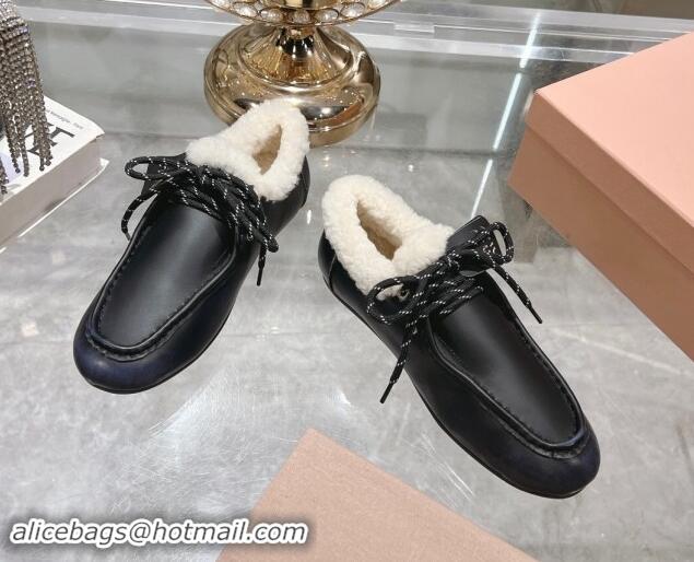 Luxury Miu Miu Leather Loafers with Lace and Wool Fur Black 1114040