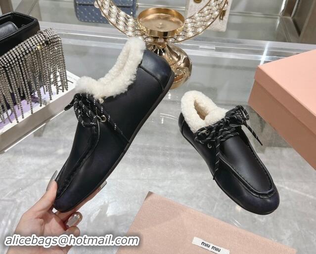 Luxury Miu Miu Leather Loafers with Lace and Wool Fur Black 1114040