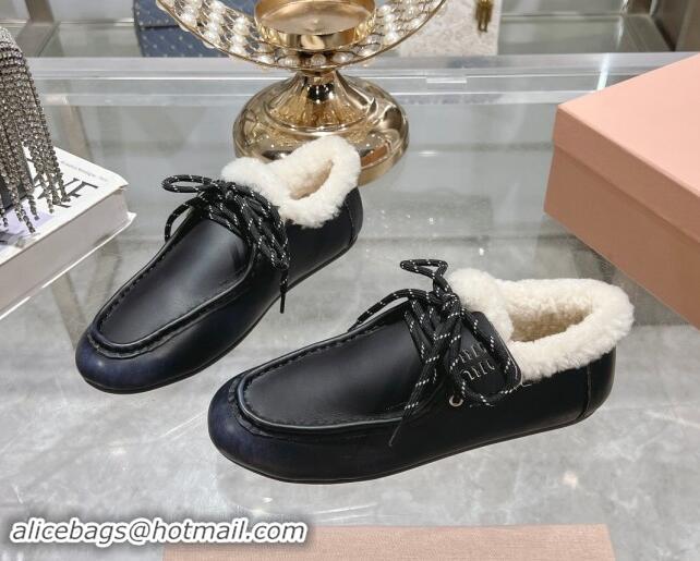 Luxury Miu Miu Leather Loafers with Lace and Wool Fur Black 1114040