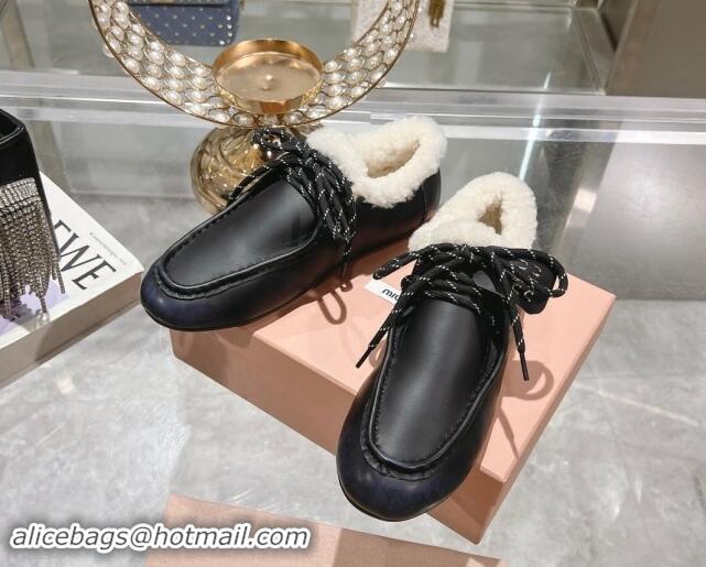 Luxury Miu Miu Leather Loafers with Lace and Wool Fur Black 1114040