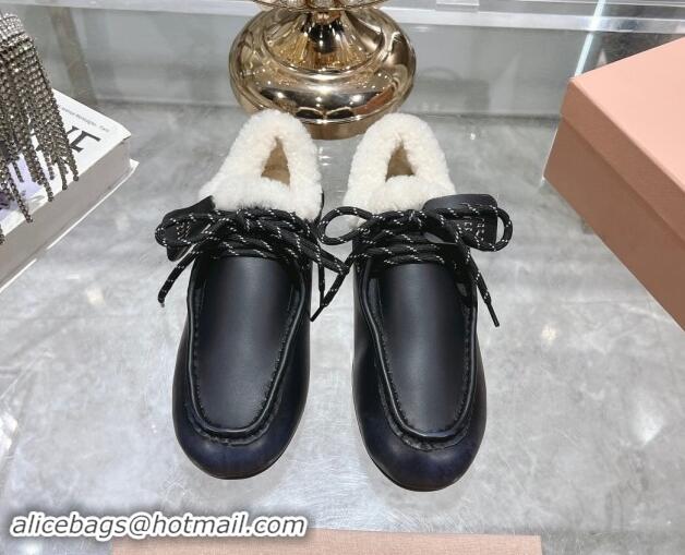 Luxury Miu Miu Leather Loafers with Lace and Wool Fur Black 1114040