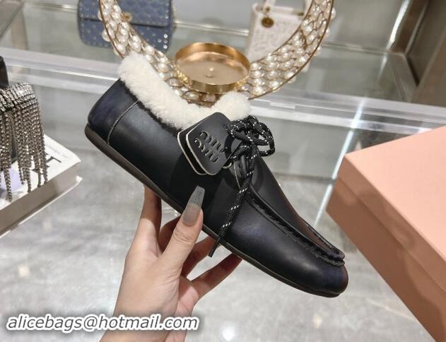 Luxury Miu Miu Leather Loafers with Lace and Wool Fur Black 1114040