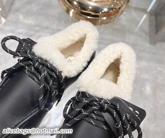 Luxury Miu Miu Leather Loafers with Lace and Wool Fur Black 1114040