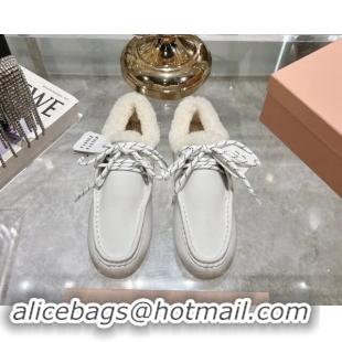 Pretty Style Miu Miu Leather Loafers with Lace and Wool Fur White 1114041